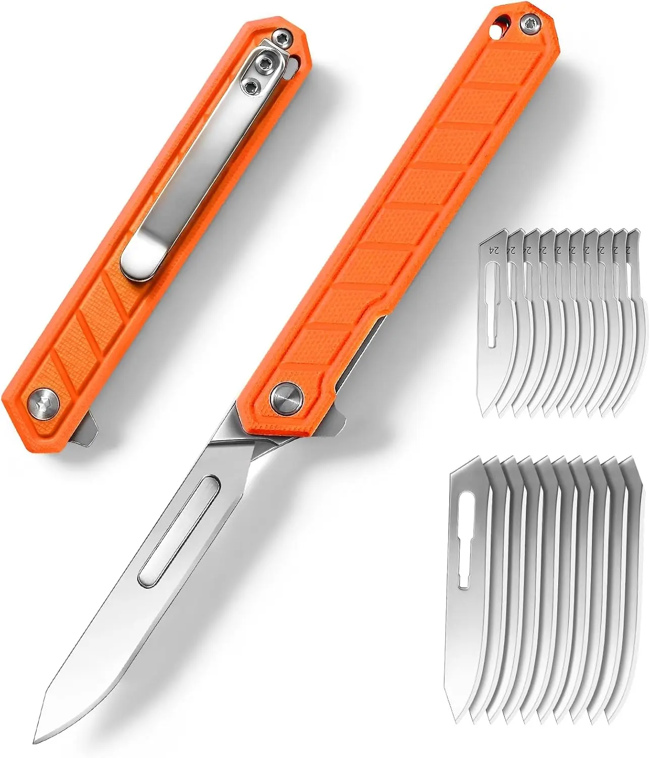 NEXSEN Mini Slim Folding Scalpel，G10 Handle EDC Utility Knife with Liner Lock,Pocket Clip，Scalpel Pocket Knife with 10pcs #24 and 10pcs #60 Replaceable Razor Blades，Surgical Knives for Outdoor Skinning（Orange）