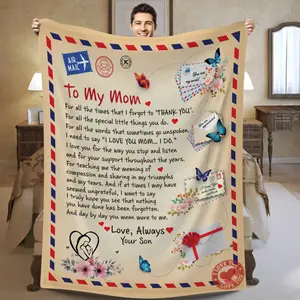 Mom - Giant Post Card Blanket Gift From Son For Christmas, Birthday, Mother's Day Gift with Thoughtful Message Lightweight and warm flannel blanket with cartoon patterns; soft and comfortable to the touch.