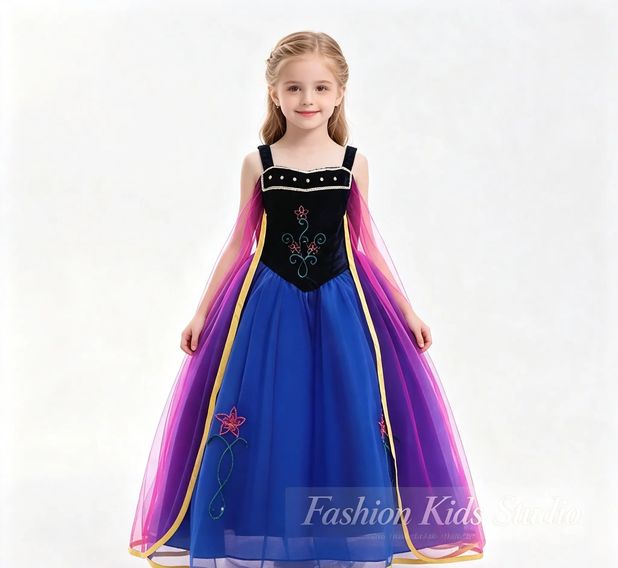 Girls Anna Princess Dress, Sleeveless Spaghetti Strap Gown With Gradient Tulle Cape, Floral Embroidery Kids Cosplay Costume for Party Halloween Birthday