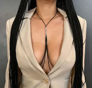 Black Crystal Non‑Piercing Nipple Ring Necklace • Adjustable Handmade Body Chain Jewelry • Bold Black Crystal Body Accessory