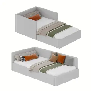 Garvee Twin Daybed with Headboard, Corner Bed Frame with Bed Rails, Velvet Upholstered Sofa Bed with Guardrail for Bedroom, Guest Room, Adjustable Installation, Wooden Slats Support, Light Grey