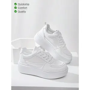 Spring Break 2024 New Arrival | Classy Aesthetic Women’s Casual White Shoes — Platform Shoes, Cute Low-Top Sneakers, Comfortable & Stylish, Adds 5 cm in Height, Perfect for Short Women’s Vacation Outfits