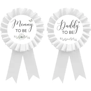 Daddy to Be & Mom to Be Tinplate Badge Pin - Baby Shower Button New Mom Gifts for Gender Reveal Party for Girl or Boy, White Rosette Button for Baby Celebration Welcome