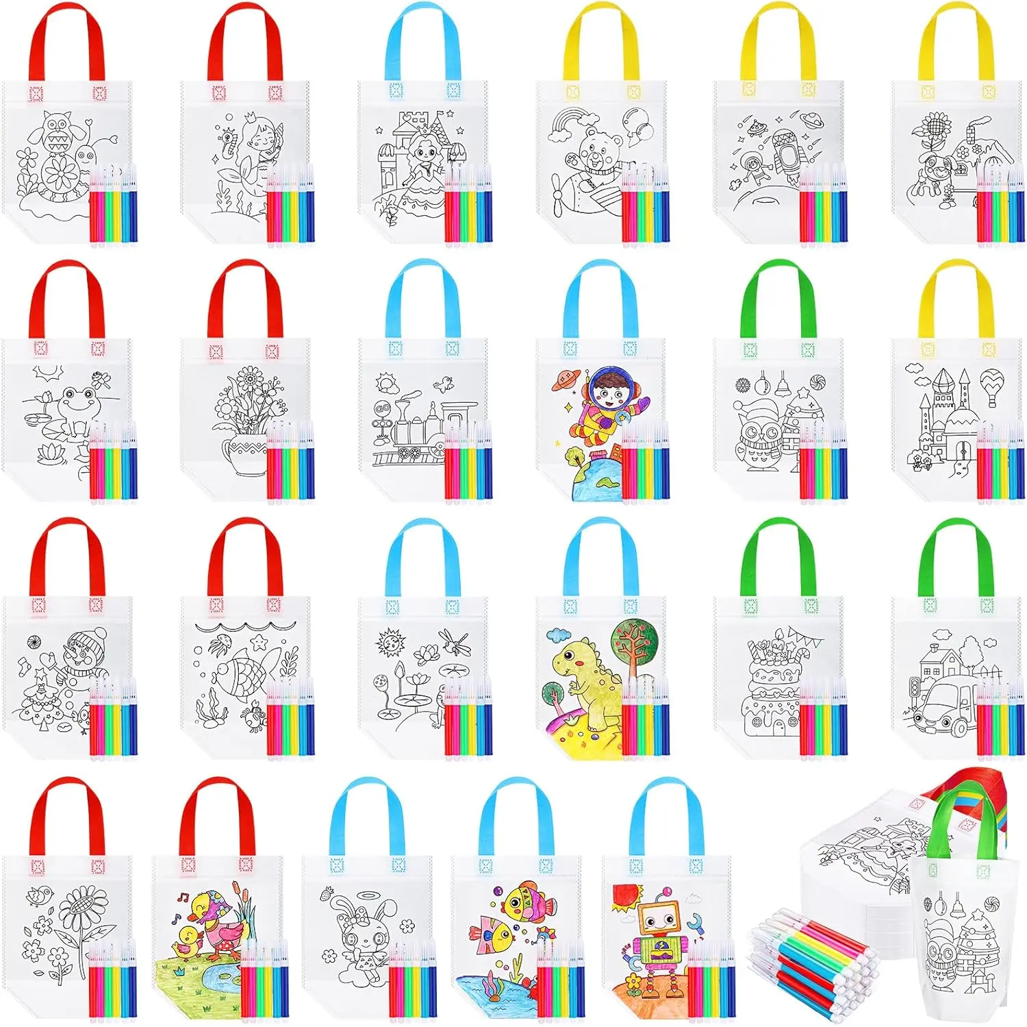 24 piece children DIY painted tote bag set, including doodle pen, reusable non-woven graffiti bag, creative handmade set, suitable for birthday parties, art events, classroom rewards, and gift bag scenes