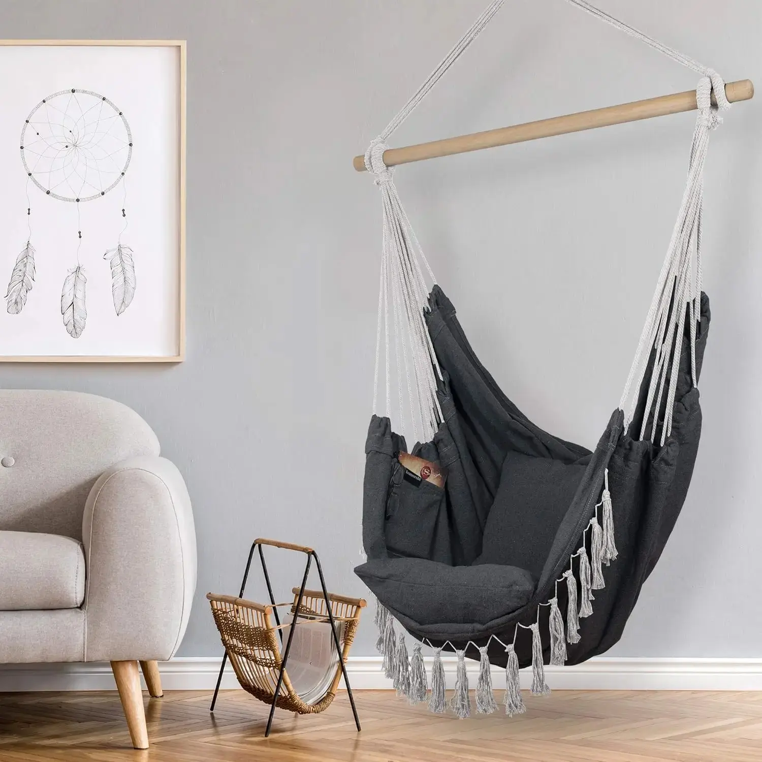 Hanging Chair with 2 Pillows – Cotton Rope Swing Chair for Indoor & Outdoor Relaxation (500lb Capacity)