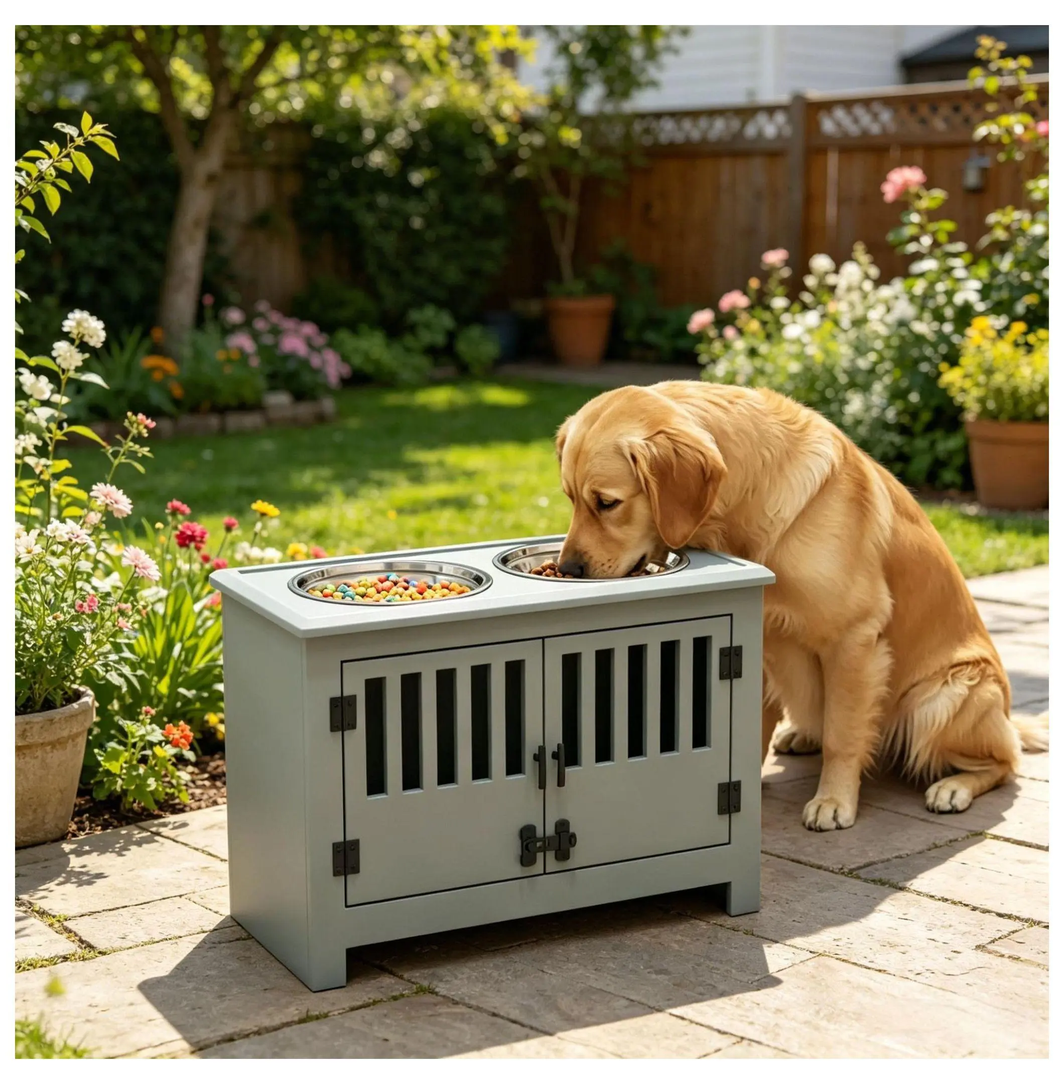 Gray MDF Wood Pet Feeder Storage Cabinet - 23.5"-29.5" Tall Dog & Cat Feeding Station with Dishwasher-Safe Bowls, Steel Frame, Latched Doors, 22 lbs Inside Large Capacity, 44 lbs Top Load, Food & Supplies Organizer