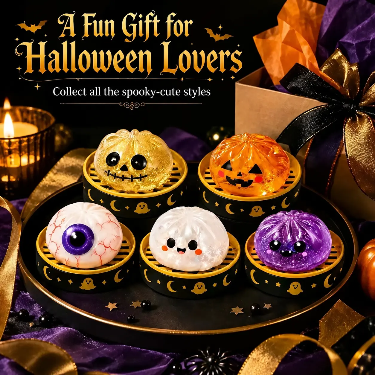 5 Pack Halloween Ghost Squishy Toys, Cute Dumpling Bao Bun Fidget Toys with Steamer, Spooky Stress Relief Sensory Toys, Halloween Party Favors & Gifts for Adults