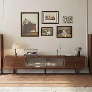 Wayshome 78.74/86.6" L Solid Oak TV Stand for 85/90/95 Inch TV, Glass Sliding Door TV Console with Three Drawers, Natural/Walnut Wood Color TV Stands for Living Room