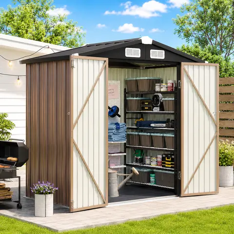 Outdoor Storage Shed, Aoxun Metal Garden Tool Shed with Floor, Weatherproof Galvanized Steel Shed with Double Doors and Ventilation, Heavy Duty Bike and Generator Storage for Backyard