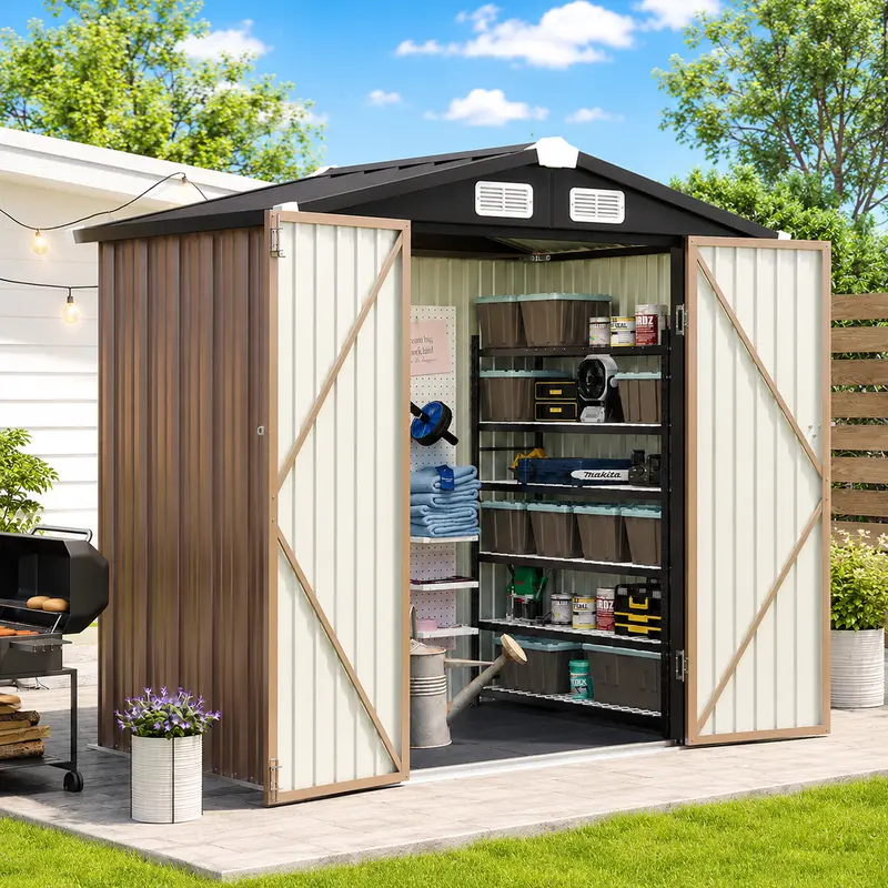 Outdoor Storage Shed, Aoxun Metal Garden Tool Shed with Floor, Weatherproof Galvanized Steel Shed with Double Doors and Ventilation, Heavy Duty Bike and Generator Storage for Backyard