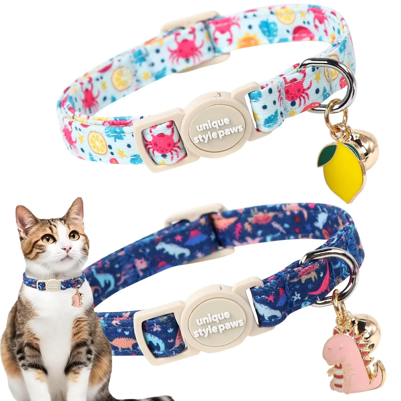 UNIQUE STYLE PAWS 2-Pack Chew-Resistant Breakaway Cat Collars for Kittens - Adjustable, Elegant, Cotton, Detachable Cute Bell & Pendant, Blue Pink Grid, Fruit, Dinosaur, Polka Dot, Flower Designs