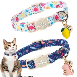 Unique style paws 2 Pack Breakaway Cat Collars – Blue Lemon & Dinosaur Design, Adjustable with Bell & Pendant