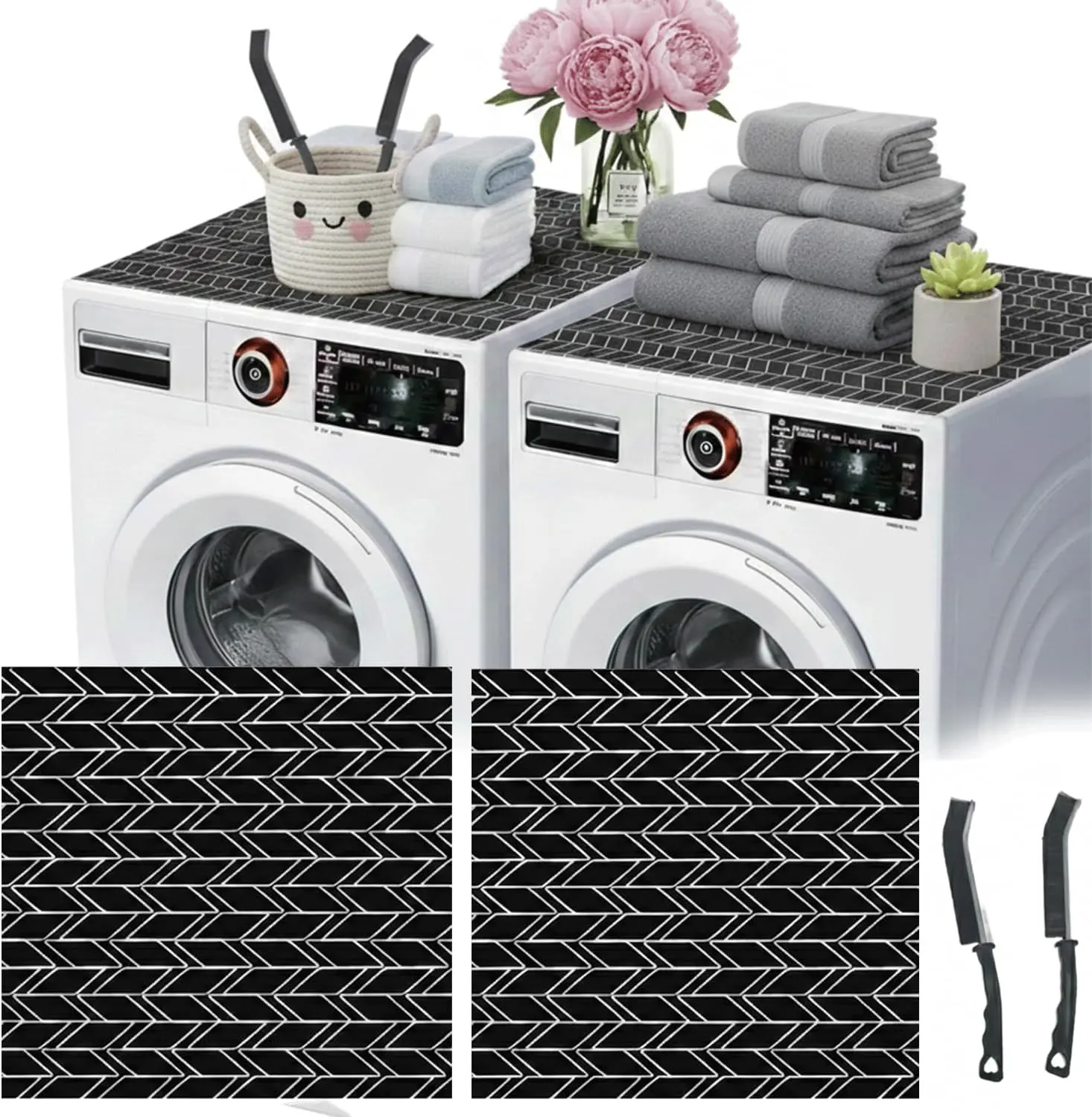 2pcs Washer and Dryer Cover with 2pcs Brushes – Durable Top Mat, Thickened Dust Proof & Easy to Clean, Non-Slip Protective Silicone Diatom Rubber Mat, Quick Dryer Cover for Home Kitchen Laundry Room