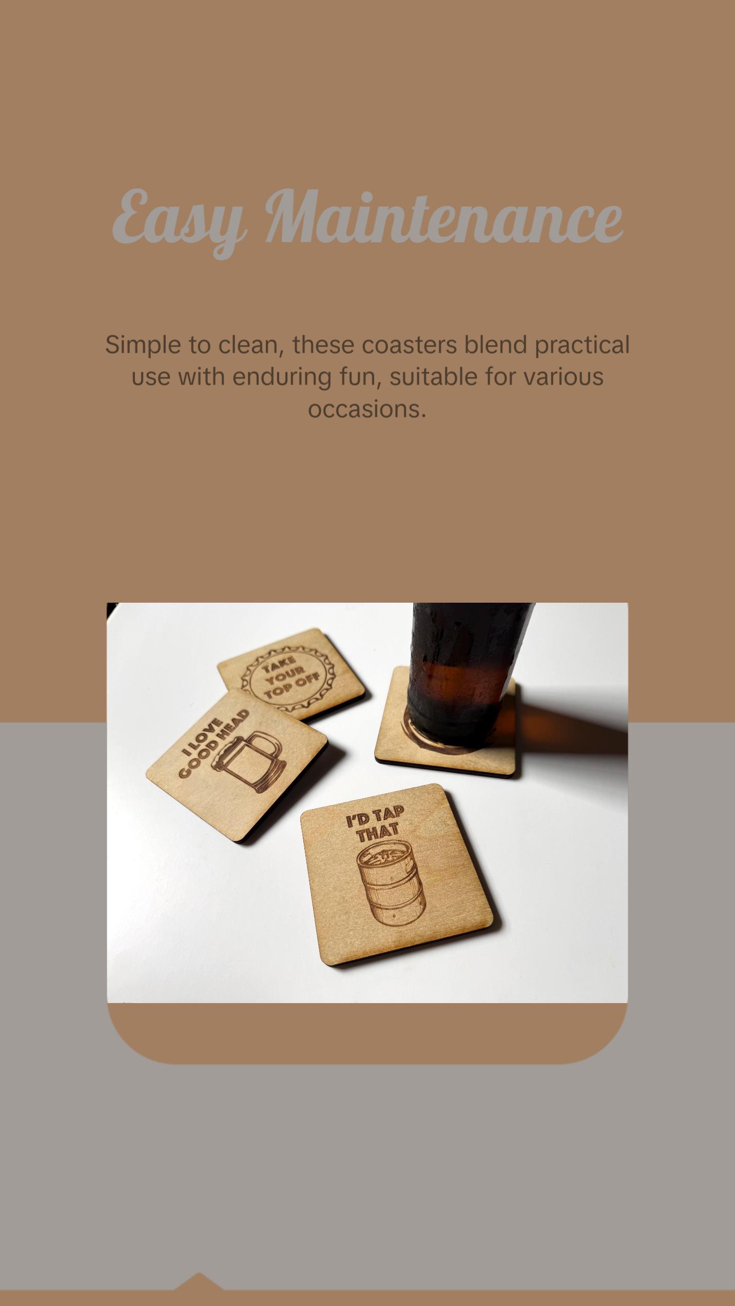 Beer Coasters | Set of 4  | Laser Engraved Real Wood Drink Coaster with Cork Backing - Housewarming Gift
