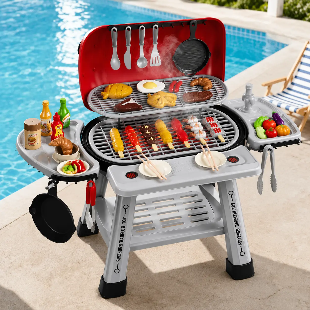 Toddler BBQ Grill Cooking Toy Set Fit Children 3–5 Years Old,Multi-Sensory Simulation Playset with Delicate Mist Smoke,Rich Complete Barbecue Ingredient Props Included,Educational Pretend Play Toy Combined with Stress Relief Sensory Fidget Function