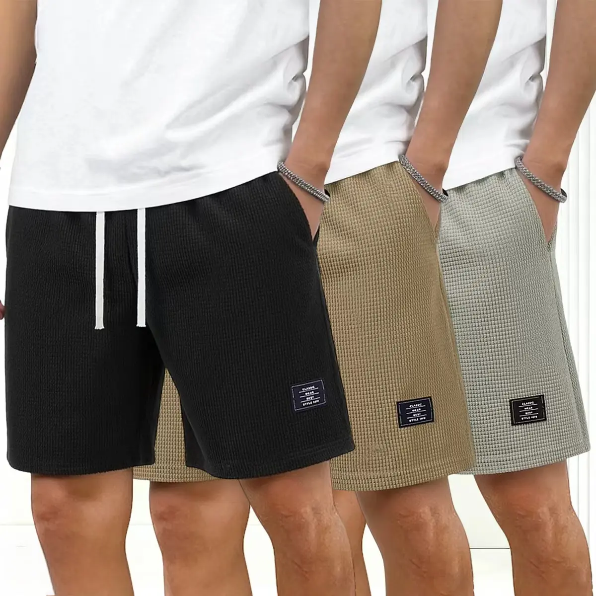 3-pack men’s summer corduroy shorts with elastic waistband and drawstring waist; stylish shorts suitable for beach, vacation, sports, and casual wear; solid-color drawstring men’s shorts  Beige Tropical shorts for the summer short shorts men's jorts