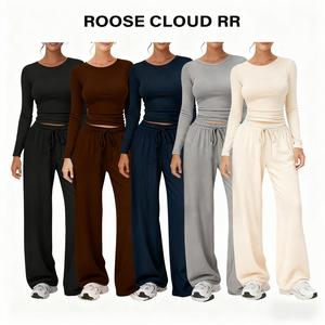 ROOSE CLOUD Women's Stretchy 2-Piece Yoga Outfit: Long-Sleeve Crop Top &Wide-Leg Pants Stretchy Fabric for Yoga Leisure Daily Active Scenarios Workout Running Clothes SpringStatements
