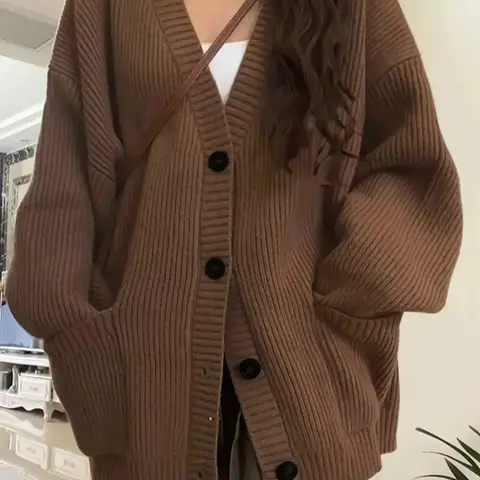 Women's Preppy Style Solid Button Front Drop Shoulder Cardigan Sweaters, Casual Long Sleeve V Neck Knitwear for All Seasons, Ladies Knit Clothing for Daily Wear Knitting