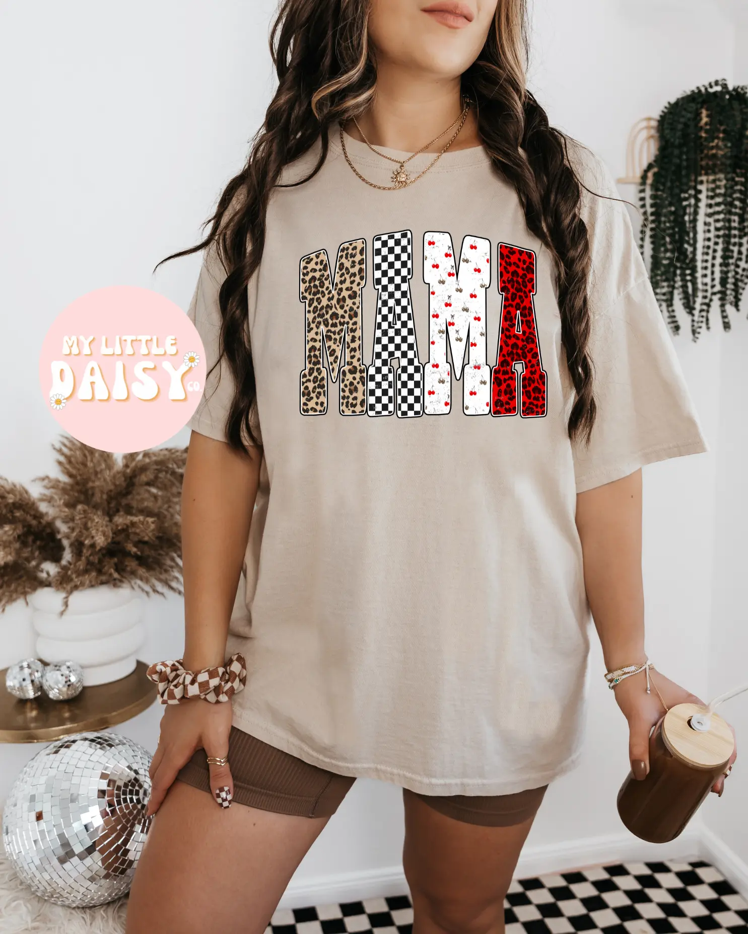 leopard checkered & cherry print mama graphic tee