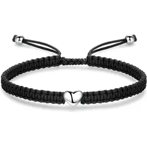 Heart Bracelet for Women, Rope Bracelet 925 Silver Handmade Braid Adjustable Bracelet Love Friendship Christmas Bracelet Gifts for Women Lady (Black)