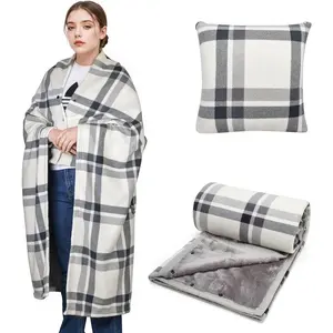 Wearable Blanket Pillow 2-in-1, Lap Blanket Poncho with Button Throw Cushion for Home Office Sofa