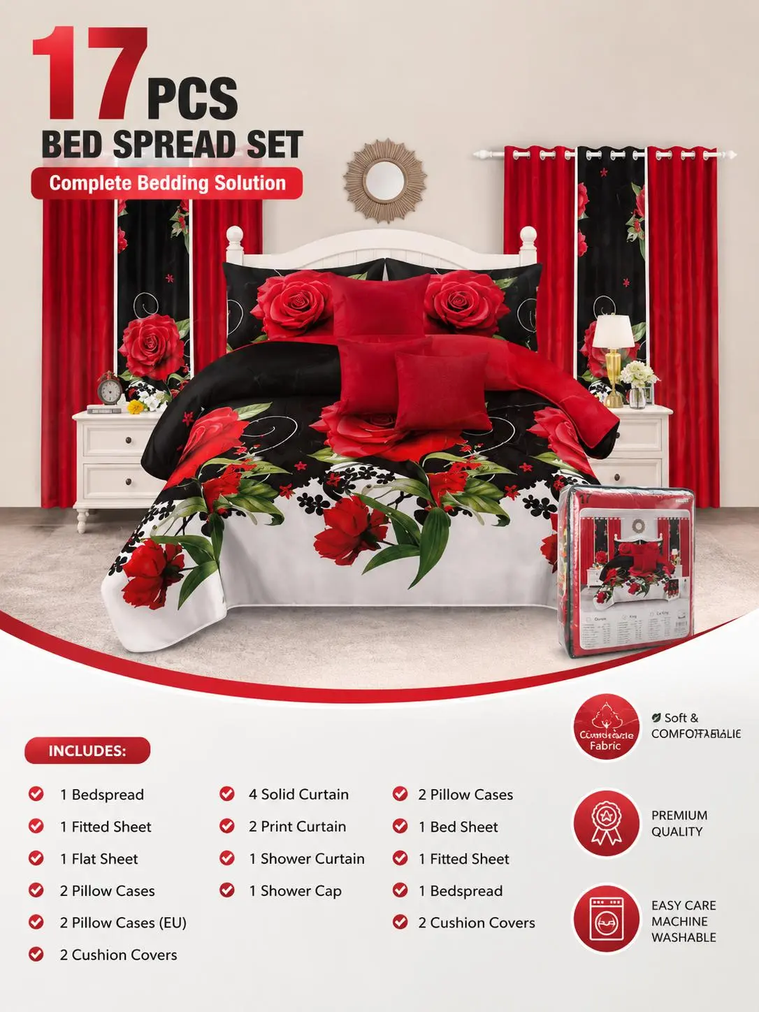 17 Piece Bedspread Set with Curtains & Bathroom Accessories – Complete Bedroom & Bathroom Bedding Set – Soft Polyester – Queen, King & California Kin