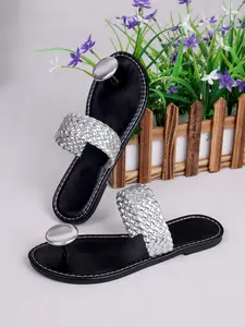 Silver Color Woven Strap Women's Flat Sandals, Simple Yet Elegant Design, Perfect for Daily Wear or Vacation, Summer Beach Shoes