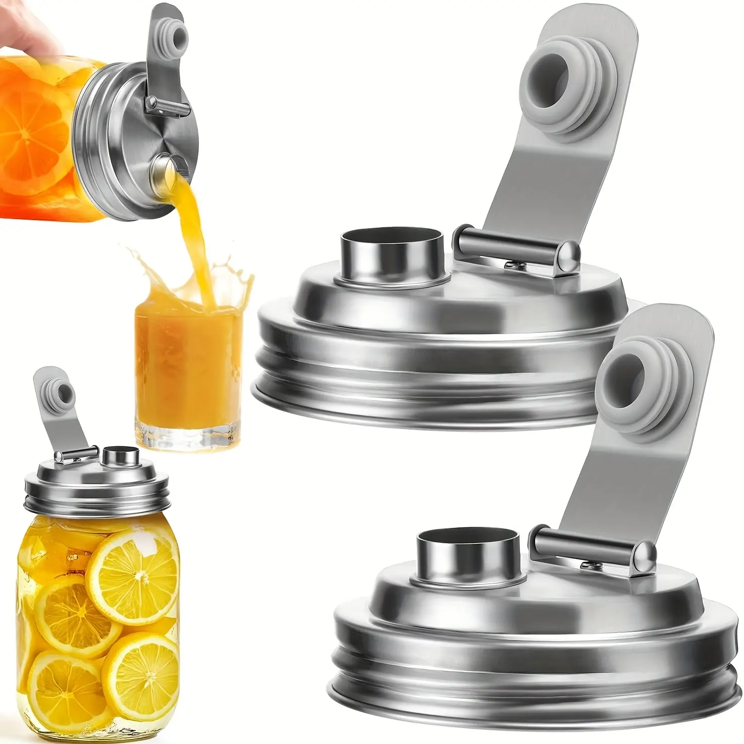 2Pcs 304 Stainless Steel Mason Jar Lids 86mm Flip Top Pour Spout Cover, Easy Flip Lid, With Handle Reusable Wide Mouth Jar Cap Mason Jars Drink Seasoning Storage Kitchen Camping Travel Outdoor Party Food Preservation Supplies