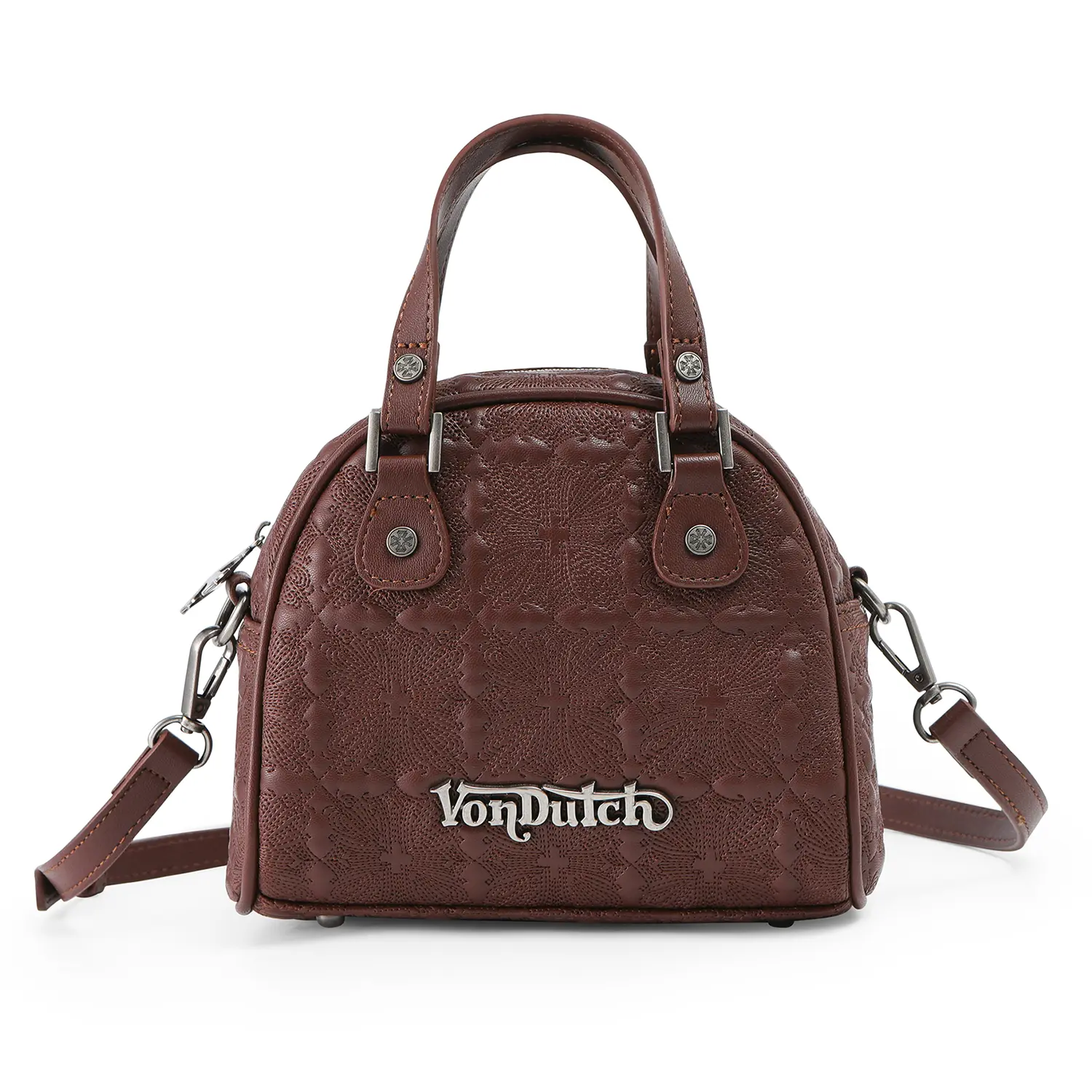Von Dutch Embroidered Chopper Bowling Bag-Brown