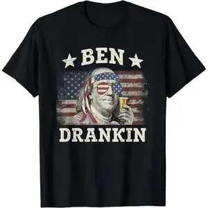 Ben Drankin 4th of July Tee – 100% Cotton Short Sleeve Shirt with Benjamin Franklin & USA Flag, Unisex Fit