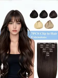 7 Pcs Real Hair Extensions, Invisible Clip-In, Natural Straight Hair, 12-20 Inches, Dual Layer Weaving, Lightweight 55g