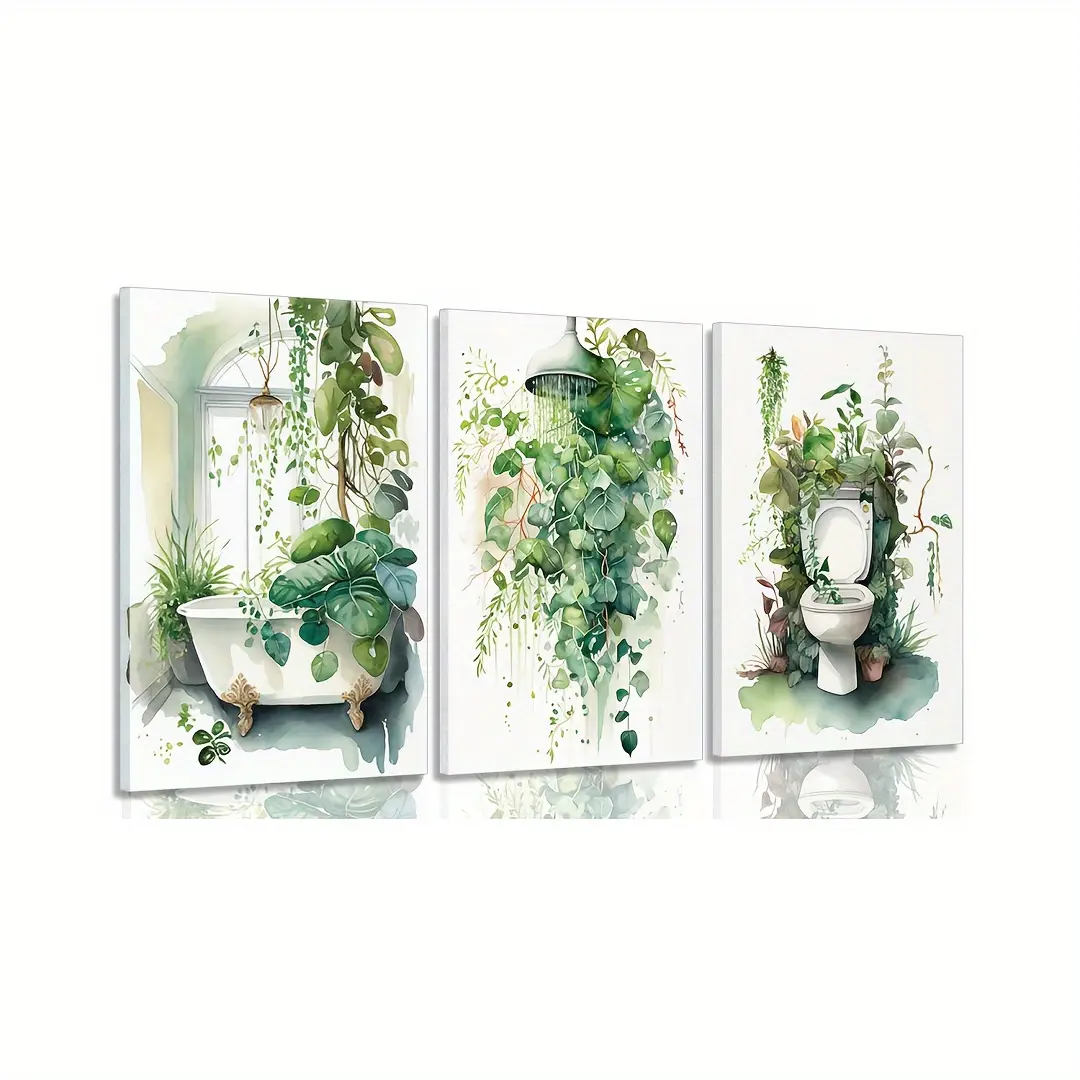 Botanical Bathroom Decor Set - 3-Piece Artistic Wooden Framed Canvas Prints with Sage Green Leaves & Tropical Plants, Wall Decoration for Bathroom & Living Room, Ideal Housewarming Gift for Art Lovers
