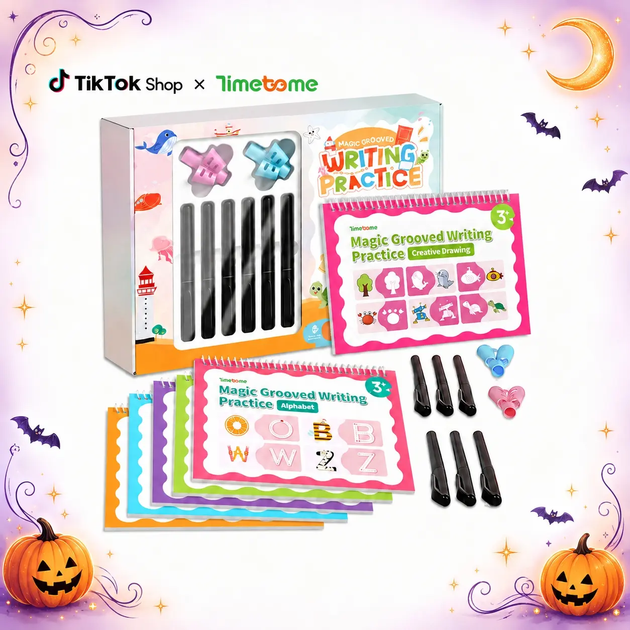 Timetome Reusable Grooved Handwriting Workbook Set - 6 Books (10.2×7.2 in), 5 Auto-Fade Ink Refills, Classroom Supplies, Easy to Practice Grooved Writing, Reusable Sheets for Early Elementary Kids - Child Gift