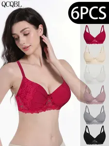 Women's Push-Up Bra Set, 3/6 Pieces, Nylon Spandex, Medium Support, Slim-Fit, Elegant Style, Plain Pattern, All Seasons Wear