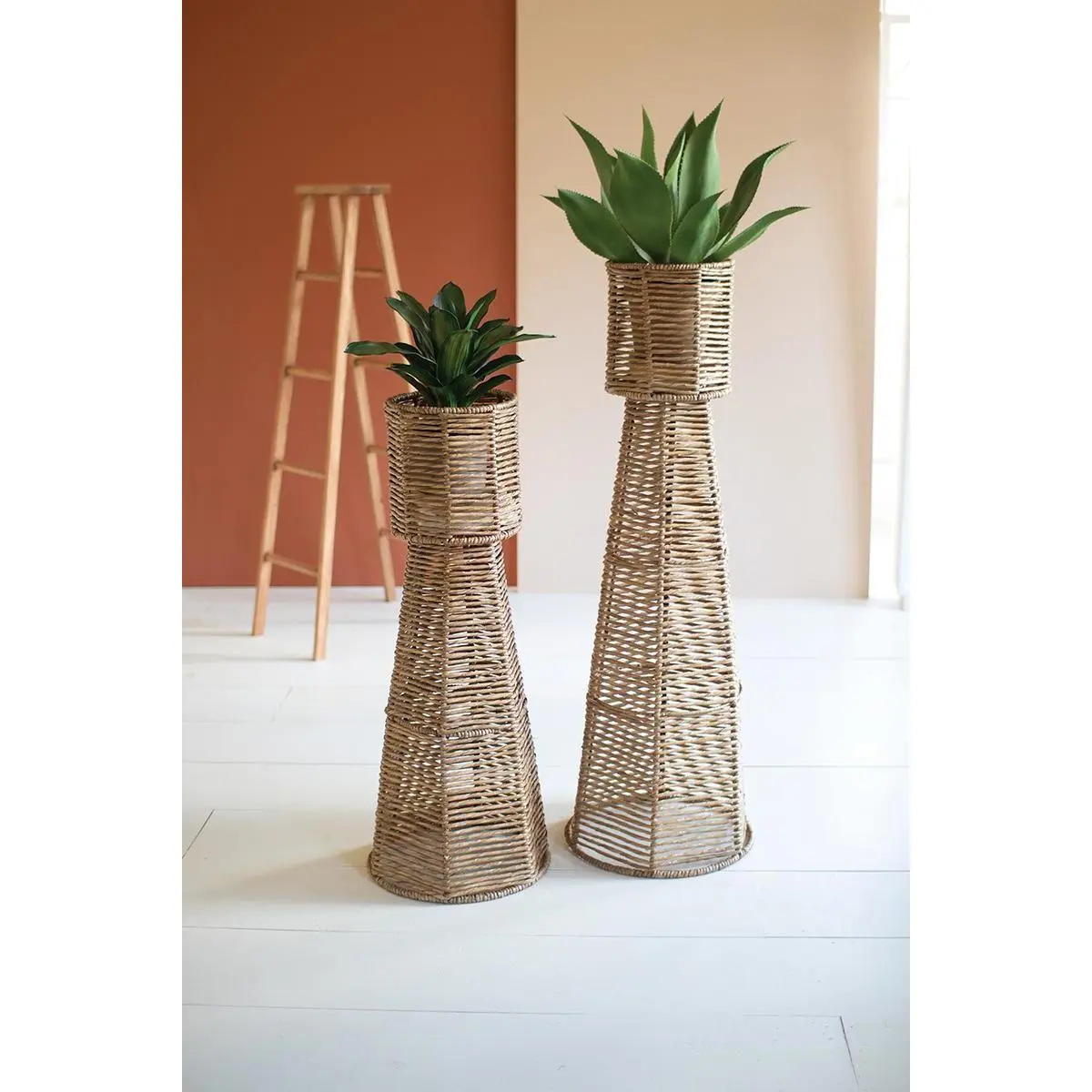 Set Of Two Seagrass And Iron Planter Towers