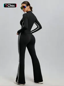 Women's Sportswear Set, Zipper Jacket & High-Waisted Pants, Striped Design, Casual Wear & Running, Slim Fit, Long Sleeve, All Seasons, Sweatsuit Sets