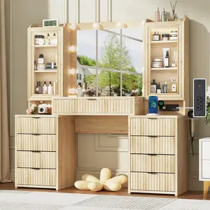 55" Fluted Makeup Vanity Desk with Large Mirror and Lights Modern Glass Top Big Vanity Table with 9 Drawers Open Storage Shelves Dressing Table w Charging Station for Bedroom White Oak