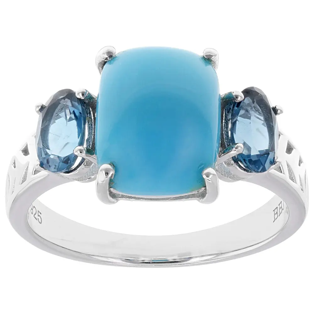 JTV Blue Sleeping Beauty Turquoise with London Blue Topaz Rhodium over Sterling Silver Ring