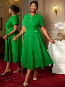 Large-sized women's chic dress with elegant diamond embellishments, small V-neck, short sleeves, A-line, simple and elegant for parties, banquets and formal wear. Dresses