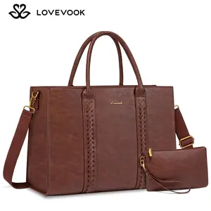 LOVEVOOK 15.6 inch Laptop Tote Bag for Women, Vintage Leather Work Bags Teacher Laptop Bag With Cup Holder, Waterproof Computer Bag Purse, Professional Briefcase Office Shoulder Bag Handbag TikTokShopStockUp