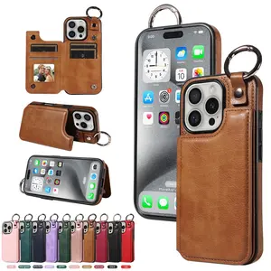 Cases compatible with iPhone 17 & 16 (with lanyard loops), and flip leather cases with integrated card holders for iPhone 15 & 12, plus business cases with card slots for iPhone 14 & 13