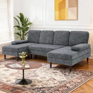 110" U-Shaped 4-Seat Modern Corduroy Upholstered Sectional Couch with Double-Chaise Lounge, Exquisite Assembled Corner Cushion Sofa Set for Living Room Indoor Home Furniture, Exquisite Sofa Sets, Assembled Sofa Sets