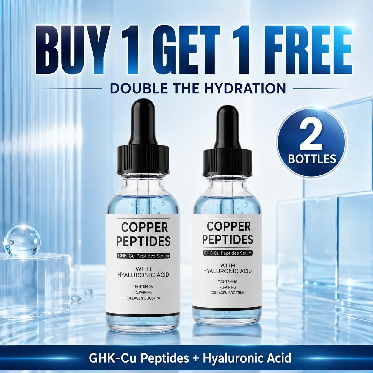 Copper Peptides Serum 2-Pack, GHK-Cu Face Serum with Hyaluronic Acid, Lightweight Hydrating Formula for Smoother, Firmer-Looking Skin, Buy 1 Get 1 Free