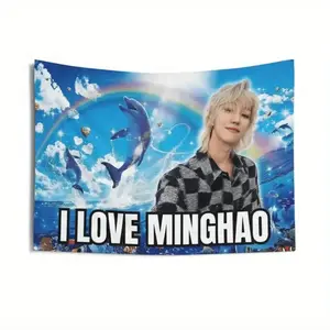 of SVT The8 Minghao Dolphin-Themed Banner K-Pop Flag Featuring The Text "I LOVE MINGHAO" with Dolphin And Rainbow Designs - SVT 2025 Tour Merchandise Including a Free Installation Kit Home Decor Gifts Outdoor Gatherings
