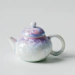 Handcrafted JianZhan Porcelain Teapot - Ginkgo Leaf Crystal Glaze, Pastel Floral Artisan Masterwork with Lid and Spout cup