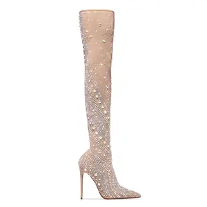 Jaw Dropping Embellished Over The Knee Boots - Nude