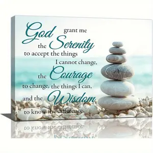 Inspiration Beach Prayer Wall Art Canvas Print - Serenity Prayer Quotes - Coastal Zen Decor with Teal and Gray Stone - Living Room, Bedroom, Office Ready-to-Hang Frame Painting - Indoor and Outdoor Spiritual Home Decor, Decoration, Meditation Enthusiasts