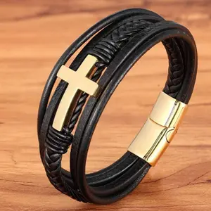 Black Leather Bracelet with Gold Stainless Steel Cross