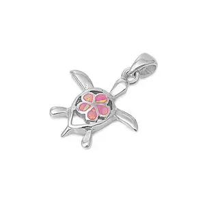 Sterling Silver Turtle Pendant with Pink Opal Plumeria Center