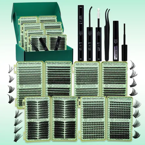 Cluster Lashes Kit 2304 Clusters - High Capacity D Curl Lash Clusters, Mixed Styles 10-16mm Mega Volume Wispy Individual Lash Extensions with Bond & Seal, Remover & Tweezers for DIY Beginner Makeup